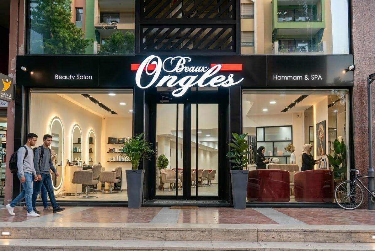 Devanture moderne d'un salon de coiffure à Marrakech avec enseigne lumineuse LED et design élégant.